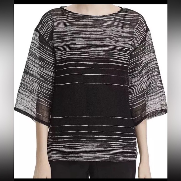 EILEEN FISHER BLACK ILLUSION ORGANIC LINEN MESH BATEAU NECK TOP Sz  S/P $218 NWT - Picture 1 of 9